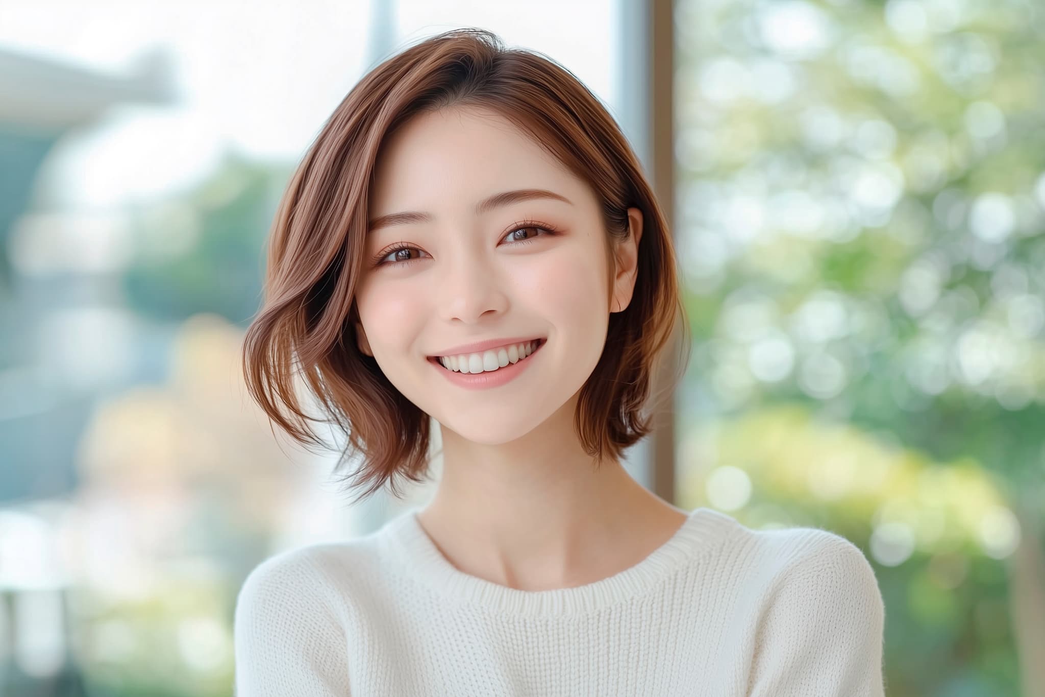 セラミックの美しい歯を見せて笑う女性