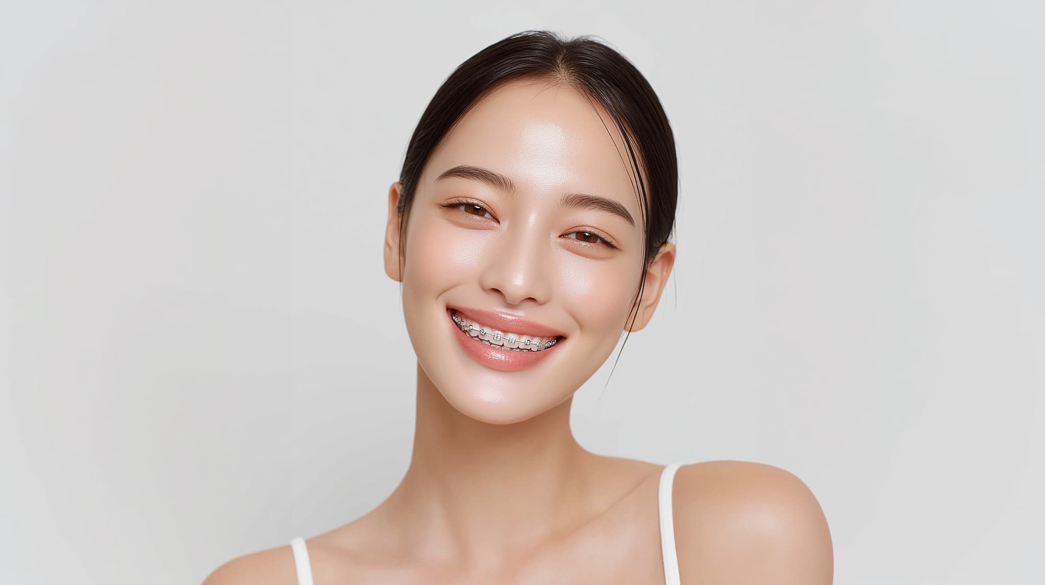 ワイヤー矯正をしている笑顔の女性