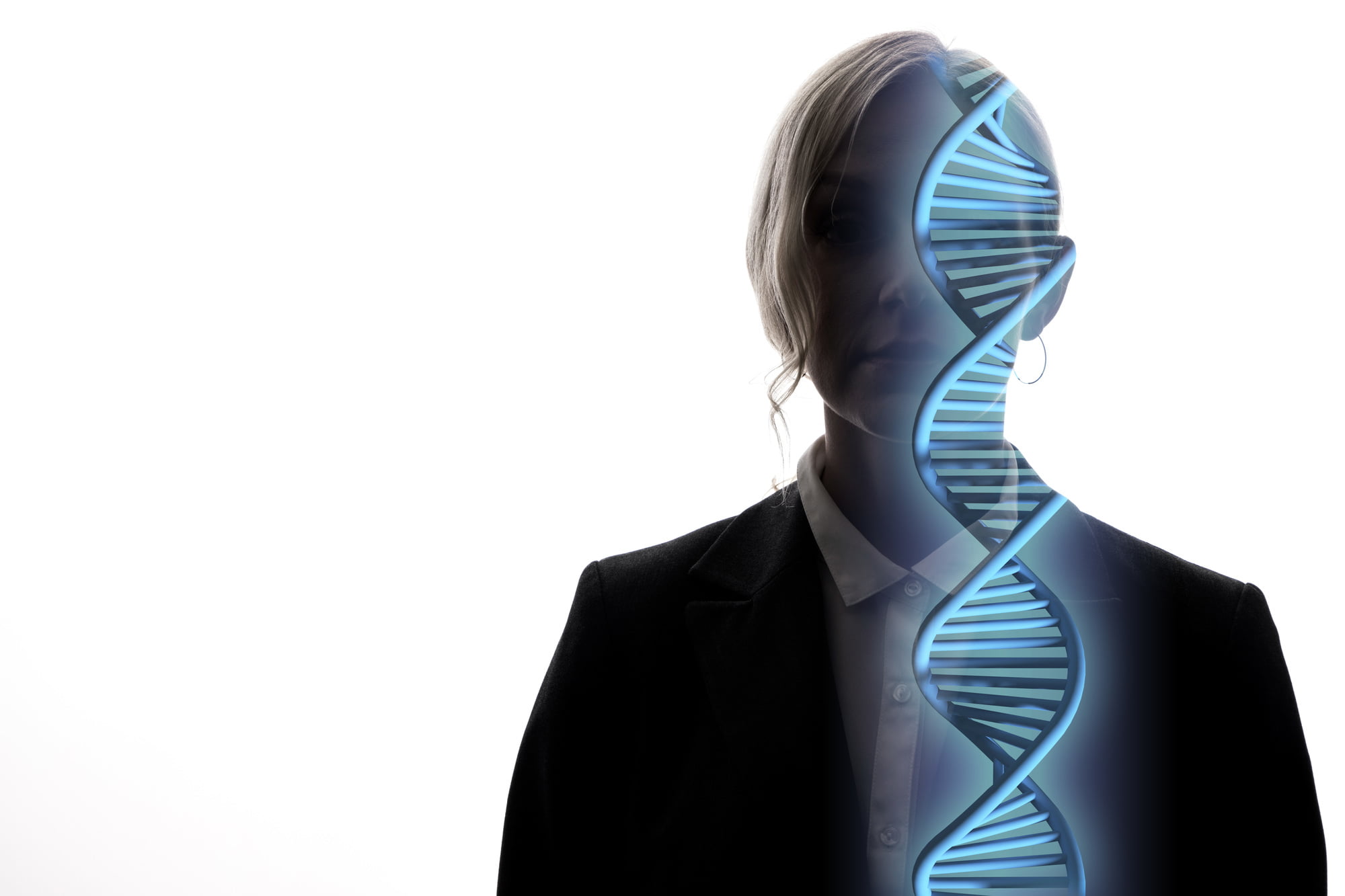 受け口になる要因に遺伝があることを示す女性のシルエットと遺伝子のCG