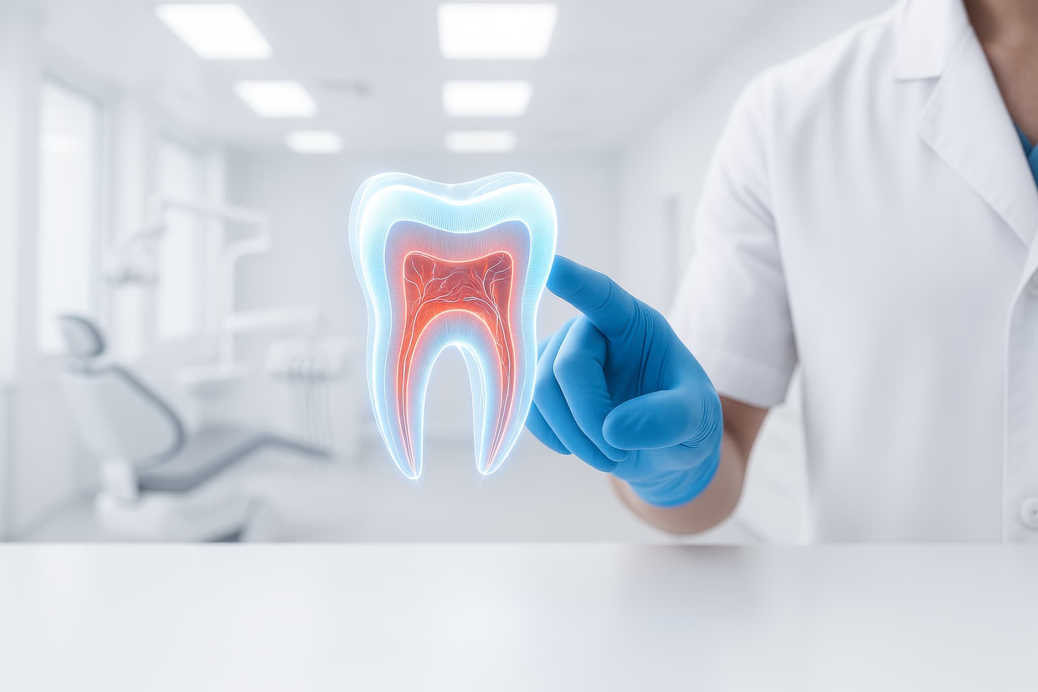初期虫歯について歯の模型を指さして説明する歯科医