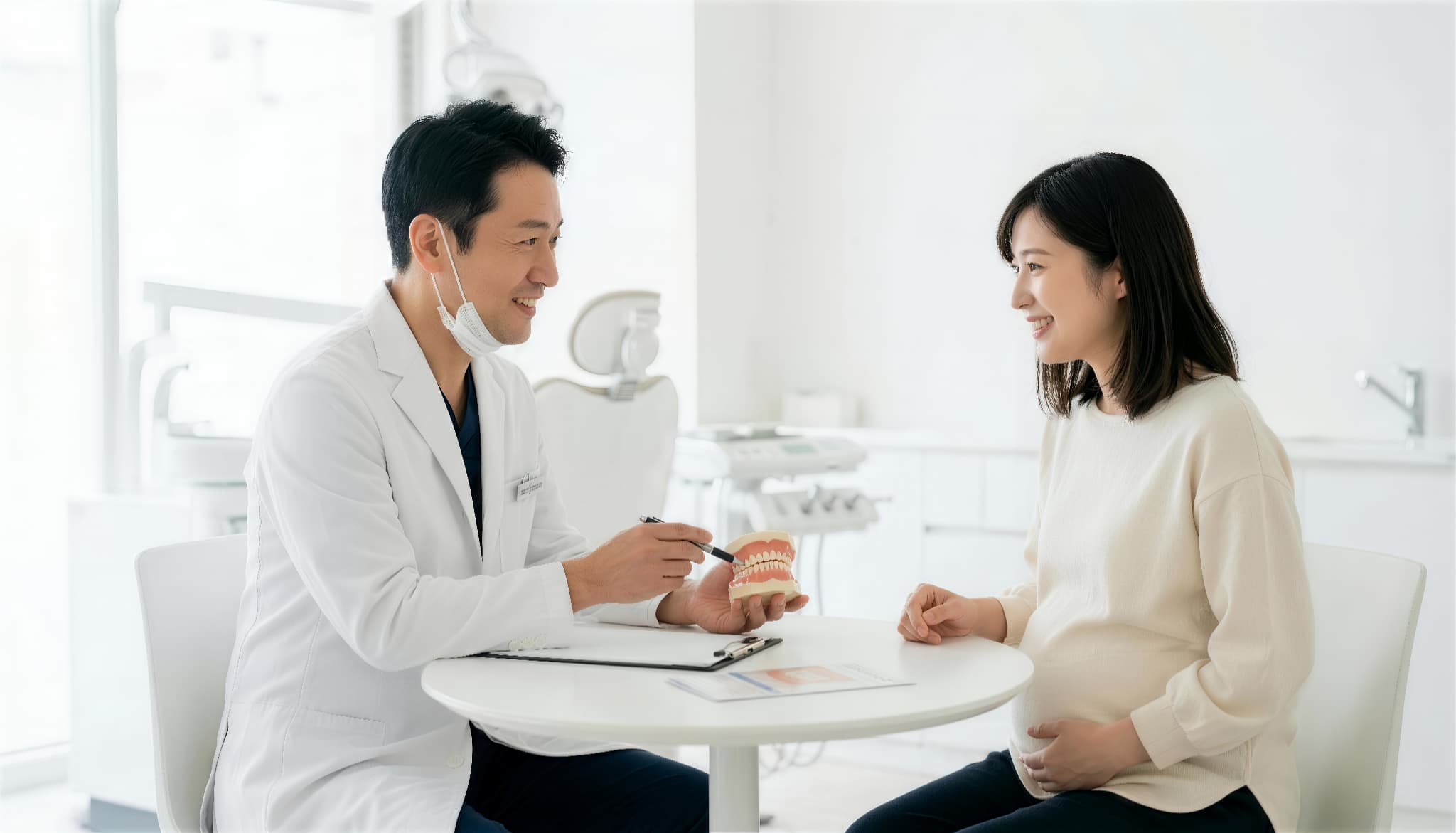 歯科医院で歯の相談をする妊娠中の女性