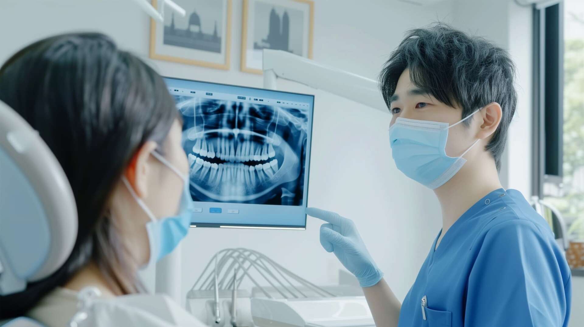後戻りについて歯科医からレントゲンで説明を受ける患者