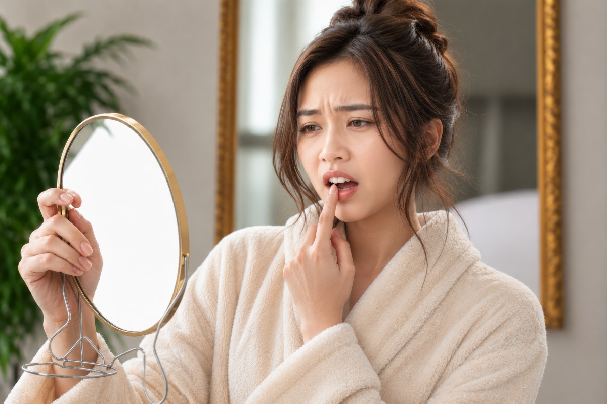 後戻りをした歯を顔をしかめて鏡で見る女性