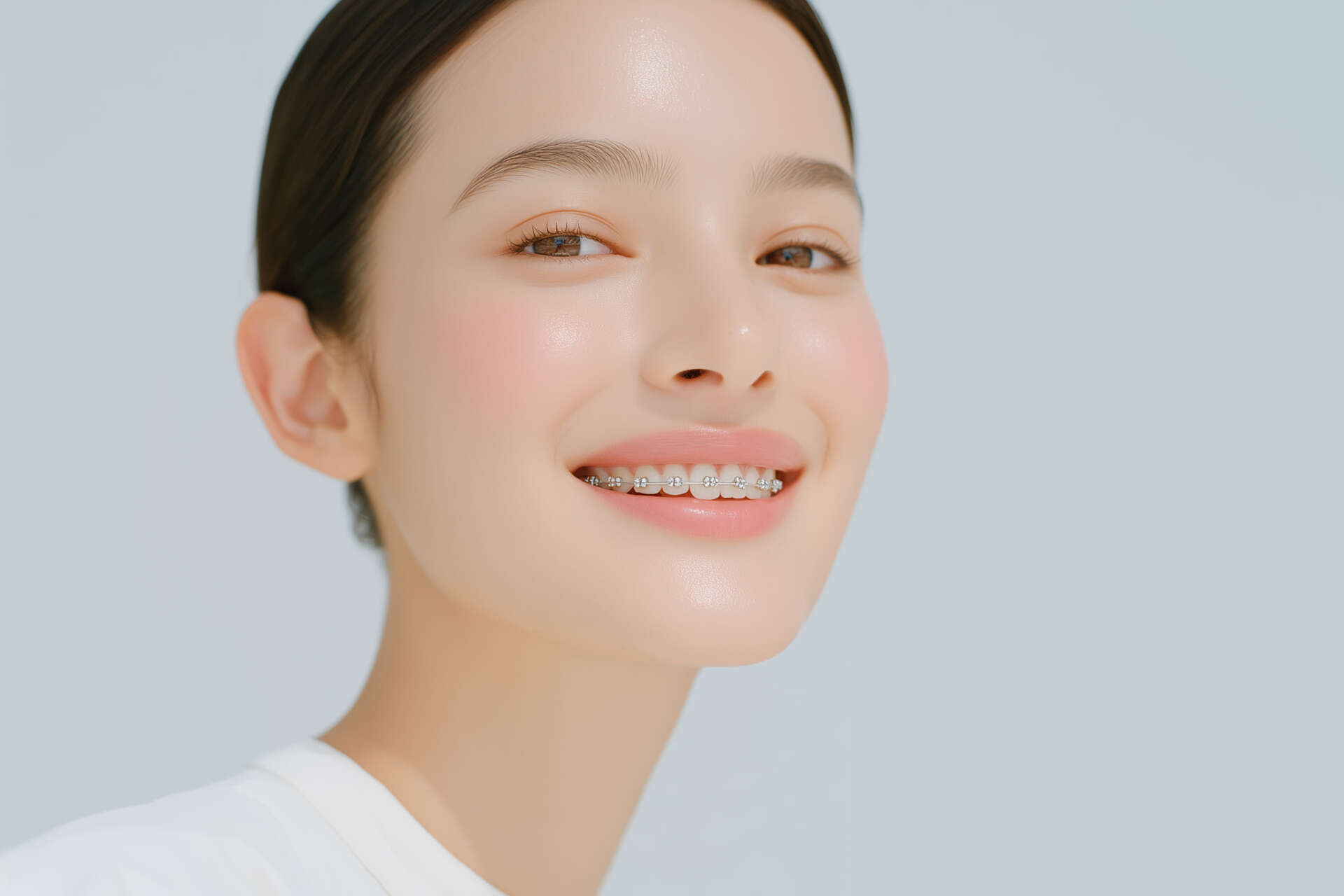ワイヤー矯正を装着した出っ歯の女性