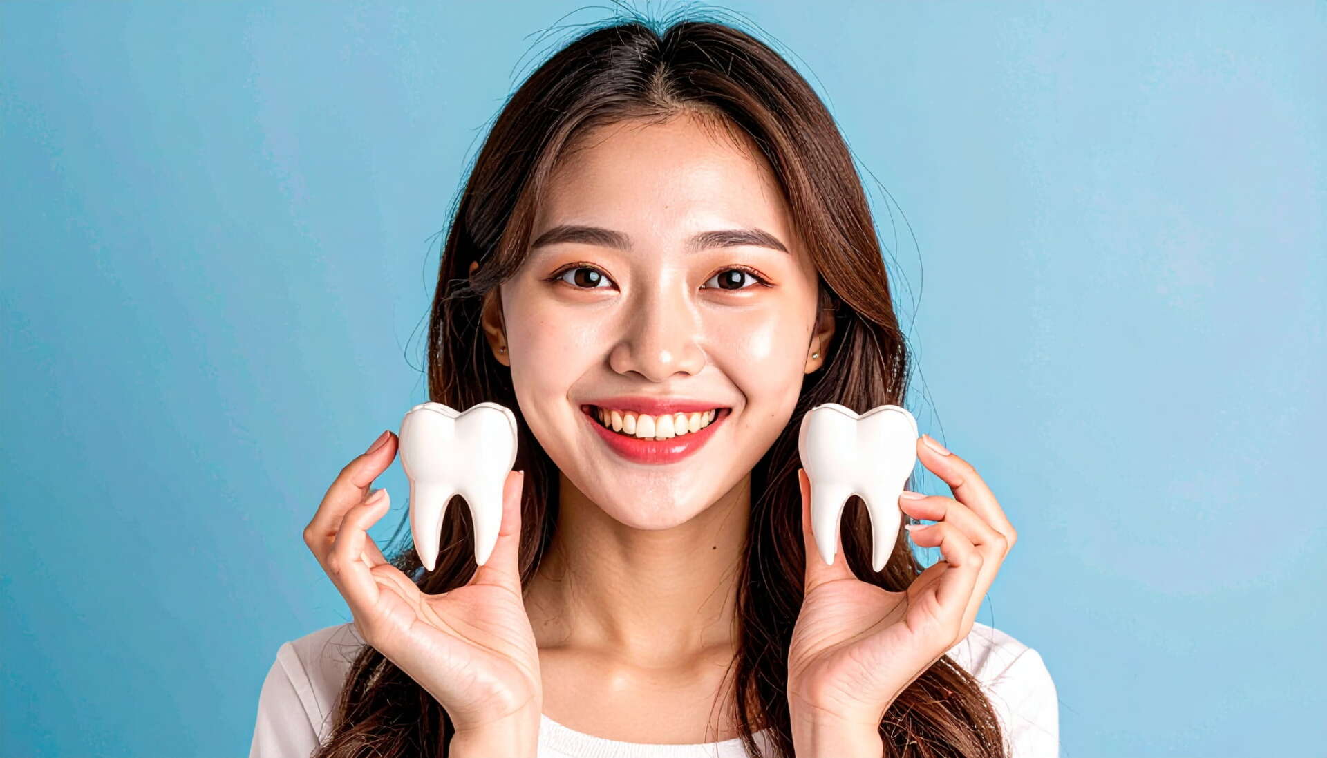歯のおもちゃを手に笑顔を見せる女性